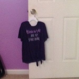 Blue purple and white short sleeved T shirt.